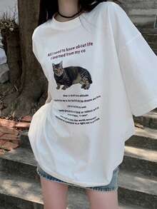 Slogan & Cat Print Drop Shoulder Tee - White - View 3