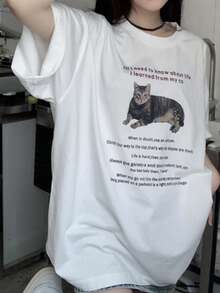 Slogan & Cat Print Drop Shoulder Tee - White - View 4