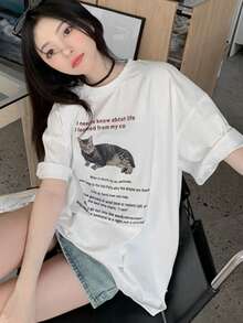 Slogan & Cat Print Drop Shoulder Tee - White - View 5