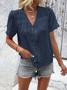 SHEIN LUNE Camicetta con pois con bordo di pizzo con manica a sbuffo