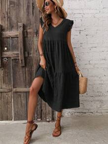 SHEIN LUNE Solid Ruffle Trim Smock Dress