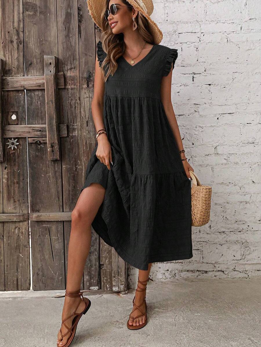 SHEIN LUNE Solid Ruffle Trim Smock Dress