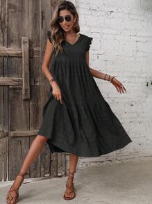 SHEIN LUNE Solid Ruffle Trim Smock Dress