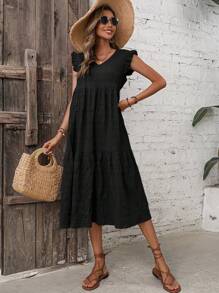 SHEIN LUNE Solid Ruffle Trim Smock Dress