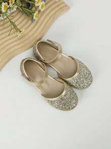 Girls Sequin Decor Glitter Hook-and-loop Fastener Party Ankle Strap Flats For Outdoor
