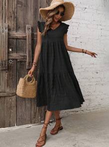 SHEIN LUNE Solid Ruffle Trim Smock Dress