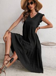 SHEIN LUNE Solid Ruffle Trim Smock Dress