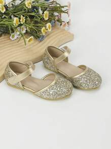 Girls Sequin Decor Glitter Hook-and-loop Fastener Party Ankle Strap Flats For Outdoor