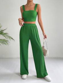 SHEIN EZwear 素色吊帶短上衣和闊腿褲 - 薄荷綠 - 查看 3