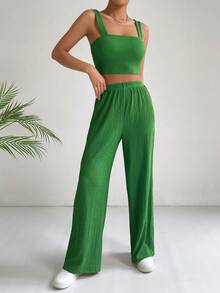 SHEIN EZwear 素色吊帶短上衣和闊腿褲 - 薄荷綠 - 查看 5