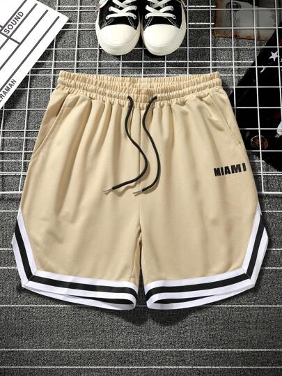 Guys Letter Graphic Striped Trim Drawstring Waist Shorts