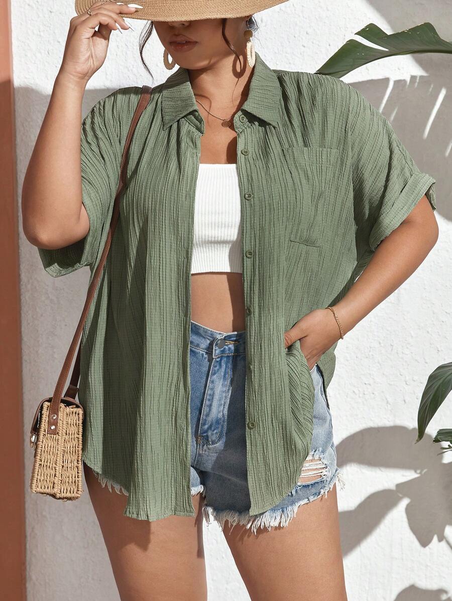 SHEIN Frenchy Camisa unicolor con botón delantero - Verde - Ver 1