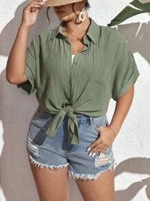 SHEIN Frenchy Camisa unicolor con botón delantero - Verde - Ver 3