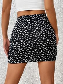 SHEIN EZwear 碎花側收褶鬱金香下擺包臀半身裙