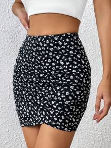 SHEIN EZwear 碎花側收褶鬱金香下擺包臀半身裙