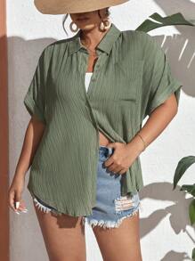 SHEIN Frenchy Camisa unicolor con botón delantero - Verde - Ver 6