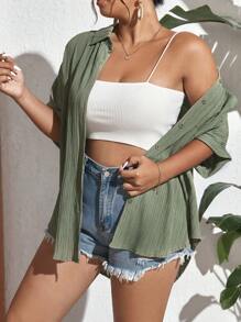 SHEIN Frenchy Camisa unicolor con botón delantero - Verde - Ver 7