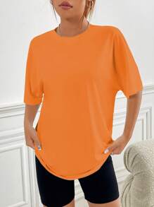 SHEIN EZwear Letter Graphic Drop Shoulder Tee - Orange - View 3