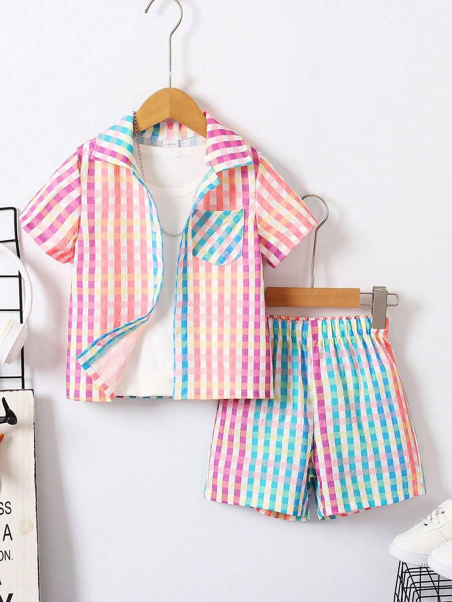 SHEIN 2入組/套兒童夏季服裝，男童短袖格子襯衫和短褲套裝，休閒開衫，多色 - 彩色 - 查看 1