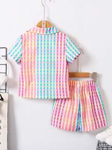 SHEIN 2入組/套兒童夏季服裝，男童短袖格子襯衫和短褲套裝，休閒開衫，多色 - 彩色 - 查看 2