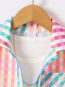 SHEIN 2入組/套兒童夏季服裝，男童短袖格子襯衫和短褲套裝，休閒開衫，多色 - 彩色 - 查看 5