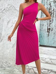 SHEIN LUNE One Shoulder Ruched Pleated Detail Dress - Hot Pink - View 1
