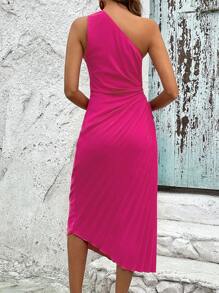 SHEIN LUNE One Shoulder Ruched Pleated Detail Dress - Hot Pink - View 2