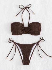 Swim Basics Summer Beach Shirred Bra & Tie Side Swim Bottom Bikini Bathing Suit Brown Bikini Two Pieces Bikini Bandeau Bikini - Coffee Brown - View 1