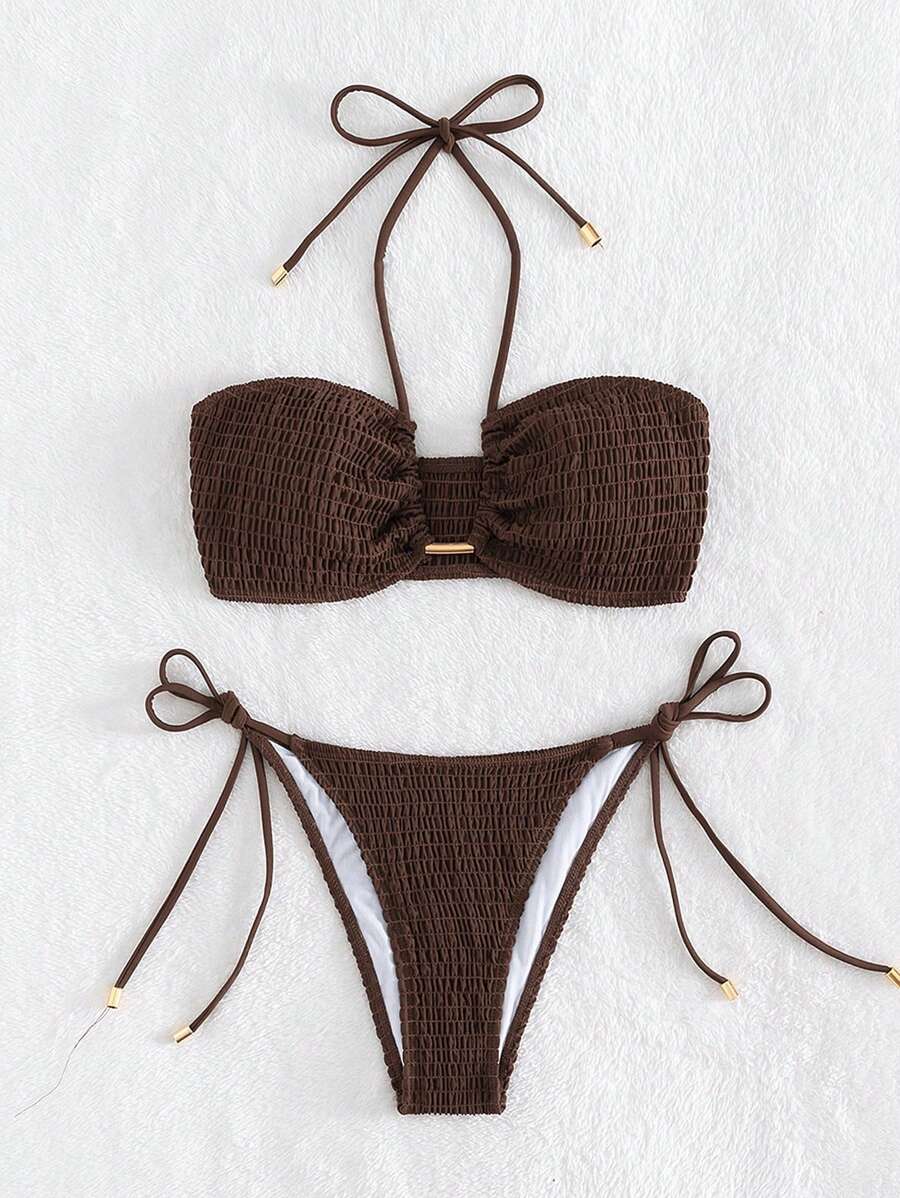 Swim Basics Summer Beach Shirred Bra & Tie Side Swim Bottom Bikini Bathing Suit Brown Bikini Two Pieces Bikini Bandeau Bikini - Coffee Brown - View 1