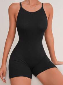 Solid Backless Cami Lounge Romper - Black - View 5