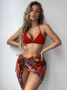 SHEIN Swim Summer Beach Tropical Print Halter Triangle Bikini With Cover Up - Multicolor - View 1