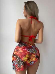 SHEIN Swim Summer Beach Tropical Print Halter Triangle Bikini With Cover Up - Multicolor - View 2