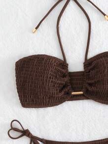 Swim Basics Summer Beach Shirred Bra & Tie Side Swim Bottom Bikini Bathing Suit Brown Bikini Two Pieces Bikini Bandeau Bikini - Coffee Brown - View 6