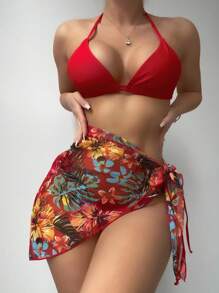 SHEIN Swim Summer Beach Tropical Print Halter Triangle Bikini With Cover Up - Multicolor - View 4