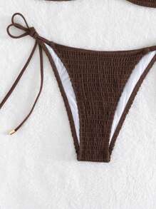 Swim Basics Summer Beach Shirred Bra & Tie Side Swim Bottom Bikini Bathing Suit Brown Bikini Two Pieces Bikini Bandeau Bikini - Coffee Brown - View 7