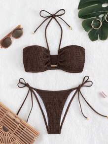 Swim Basics Summer Beach Shirred Bra & Tie Side Swim Bottom Bikini Bathing Suit Brown Bikini Two Pieces Bikini Bandeau Bikini - Coffee Brown - View 8