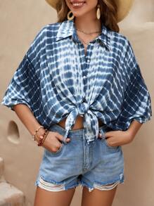 SHEIN LUNE Tie Dye Batwing Sleeve Shirt - Blue and White - View 1