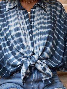 SHEIN LUNE Tie Dye Batwing Sleeve Shirt - Blue and White - View 4