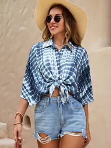 SHEIN LUNE Tie Dye Batwing Sleeve Shirt - Blue and White - View 6