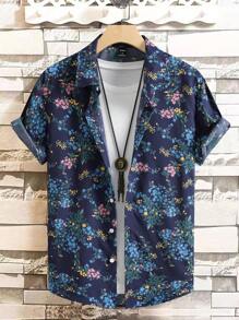 Manfinity RSRT Áo sơ mi Nam Nút phía trước Hoa Tất cả trên in Boho - Màu xanh hải quân - Xem 1