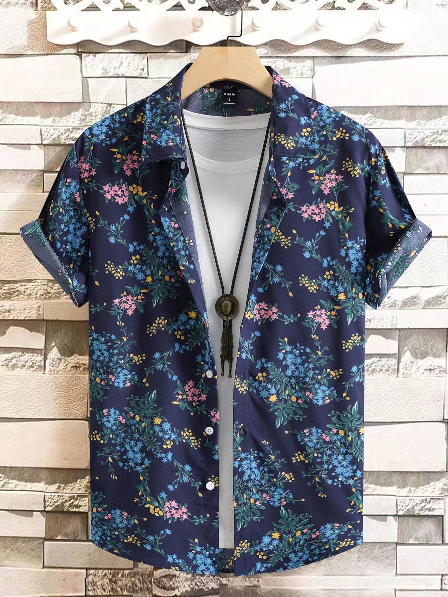 Manfinity RSRT Áo sơ mi Nam Nút phía trước Hoa Tất cả trên in Boho - Màu xanh hải quân - Xem 1