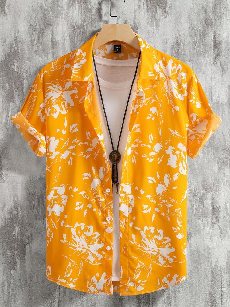 Manfinity RSRT Hombres 1 pieza Camisa con estampado floral - Amarillo - Ver 1