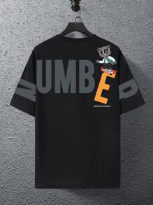 Manfinity EMRG Hombres Camiseta de hombros caídos con estampado de dibujos animados y letra - Negro - Ver 2