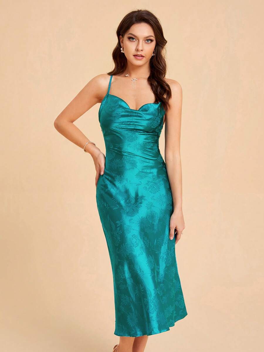 SHEIN Belle Jacquard Satin Cami Dress - Green - View 1