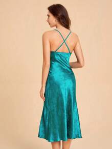 SHEIN Belle Jacquard Satin Cami Dress - Green - View 2