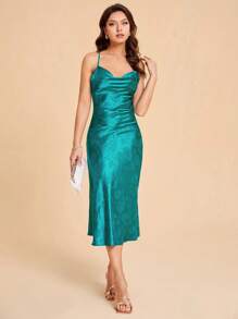 SHEIN Belle Jacquard Satin Cami Dress - Green - View 3