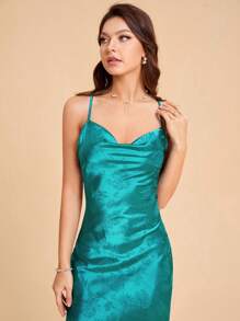 SHEIN Belle Jacquard Satin Cami Dress - Green - View 4