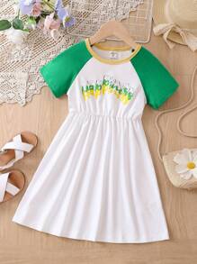 小女童字母圖案拼接插肩袖洋裝 - 白色 - 查看 1