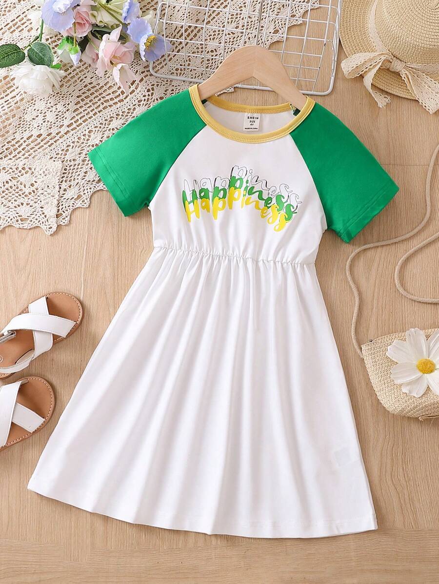 小女童字母圖案拼接插肩袖洋裝 - 白色 - 查看 1