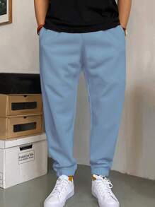 Manfinity Homme Men Solid Drawstring Waist Joggers - Baby Blue - View 3
